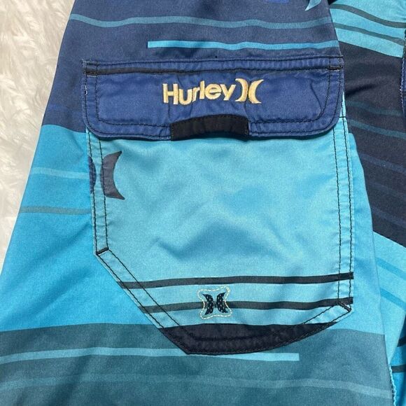 Hurley Swim Trunks Shorts Mens Size 36 Blue Stripe Surf Summer Pocket - Picture 4 of 10